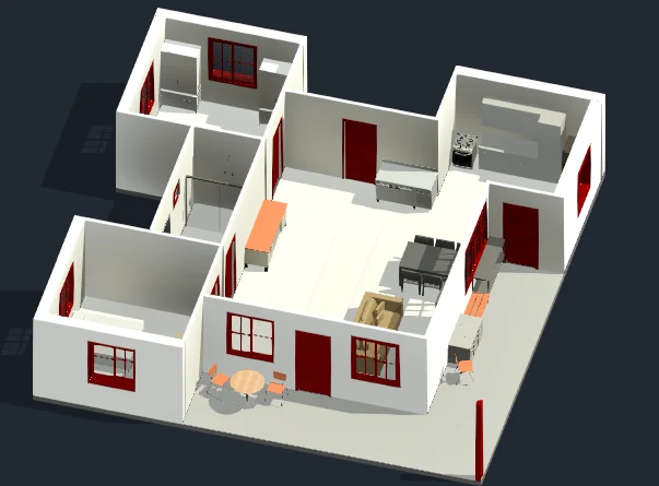 Planta baixa em perspectiva com os cômodos mobiliados