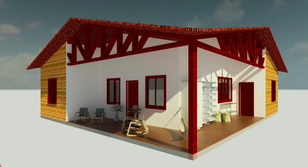 Perspectiva da casa camponesa mostrando a varanda e a estrutura de enxaimel em vermelho