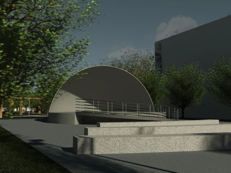 Praça circular coberta com pilares e arquibancada em concreto