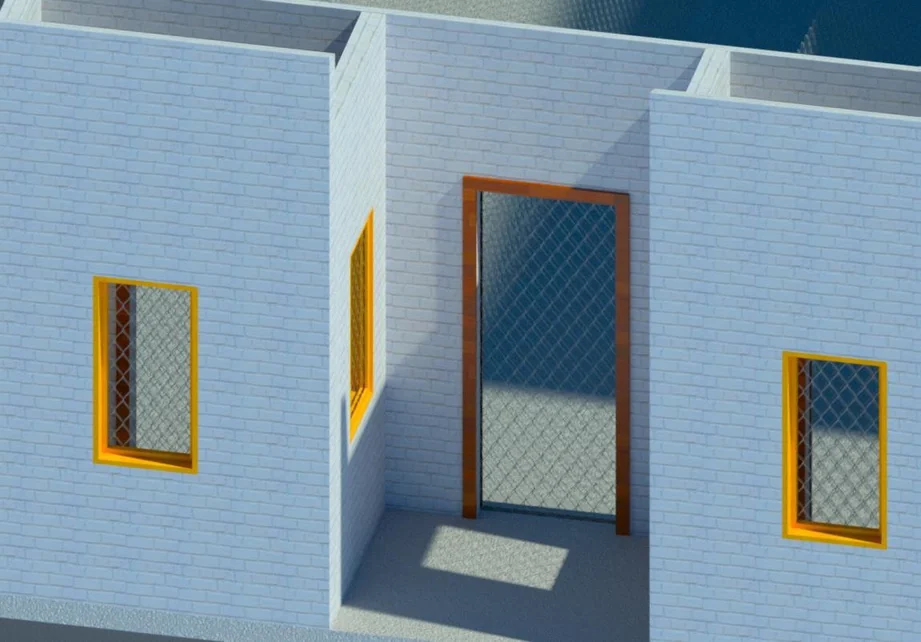 Fachada do gatil com as portas teladas em sequência