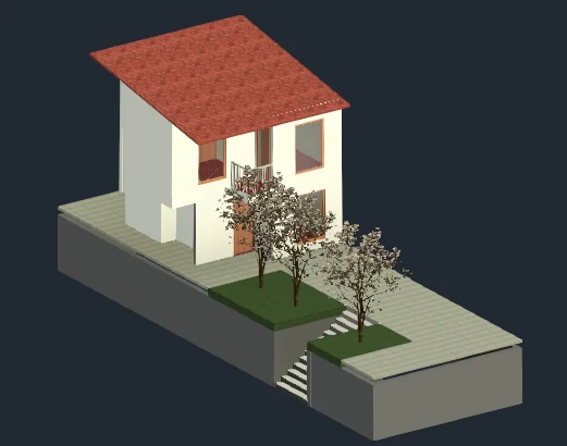 Modelo 3D em Revit de uma residência de dois pavimentos com jardim frontal