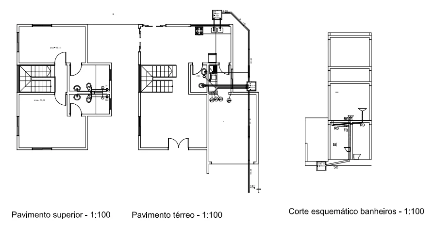 Pranchas do pavimento térreo e superior com o traçado das instalações