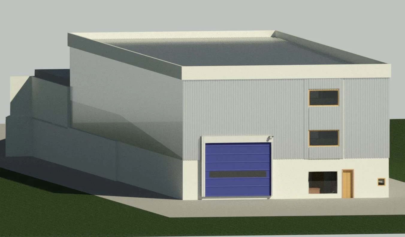 Fachada do galpão Microjet com o portão de carga em azul